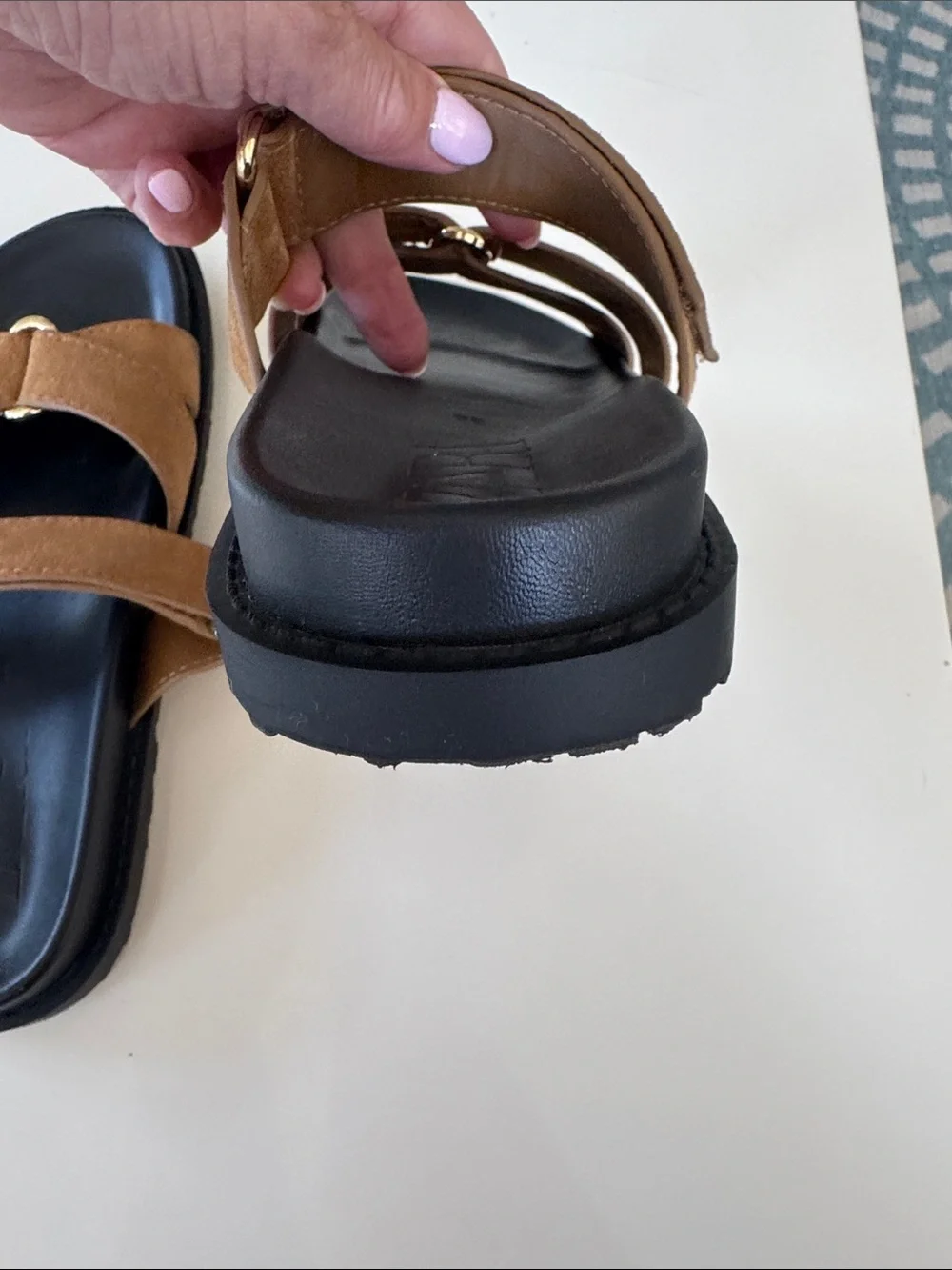 Zara Tan Suede Double-Strap Slide Sandals with Gold Accent-size 39 - Picture 6 of 9